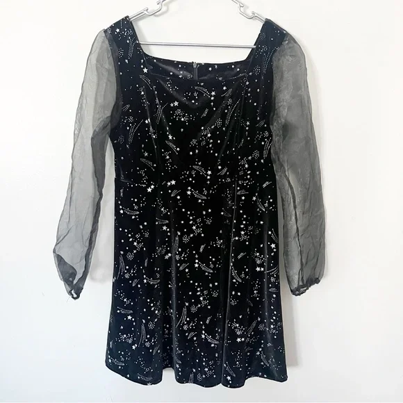 Black Velvet Sparkly Celestial Gothic Mini Dress XL Stars Fairy Grunge Witchy - Picture 2 of 11